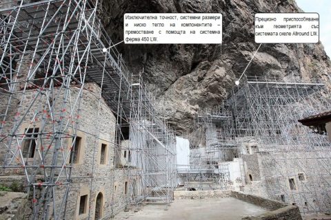 Система скеле Allround LW около скалния манасир Сумела: по-лесна логистика и монтаж
