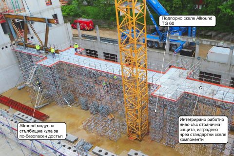Модулно скеле Allround при строежа на ново училище – комбинация от работно и подпорно скеле TG 60 със стълбищни кули от Layher